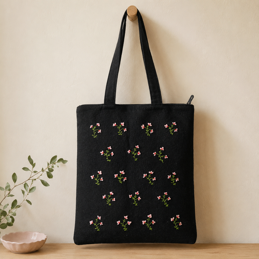 Boho Tiny Blooms Hand-Embroidered Tote Bag