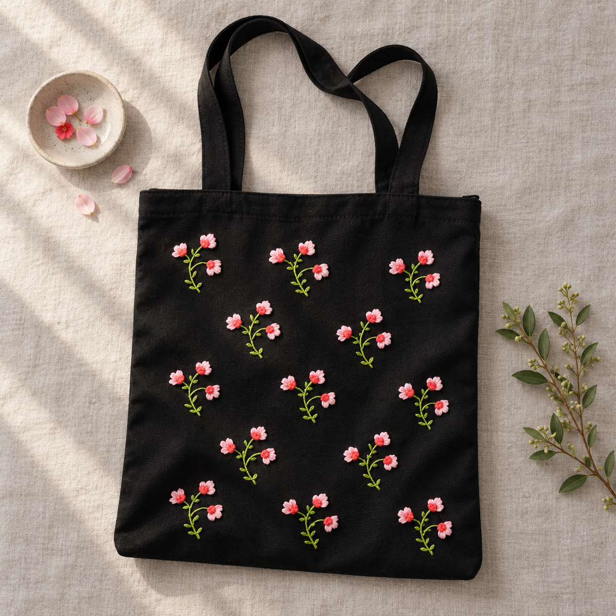 Boho Tiny Blooms Hand-Embroidered Tote Bag