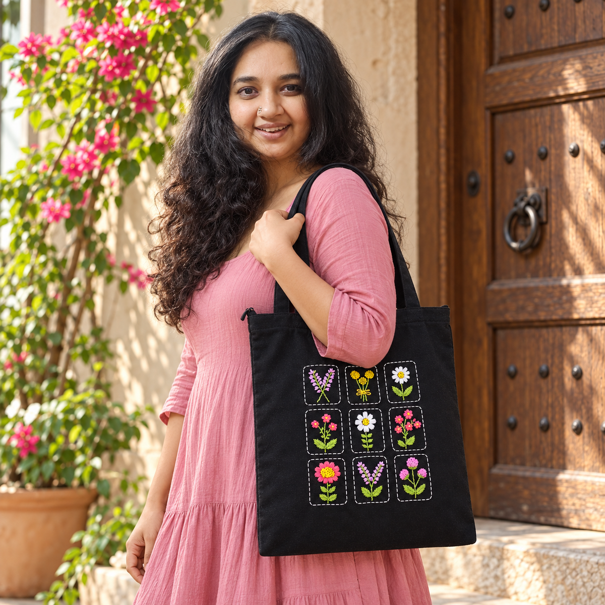 Boho Wildflower Gallery Hand-Embroidered Tote Bag