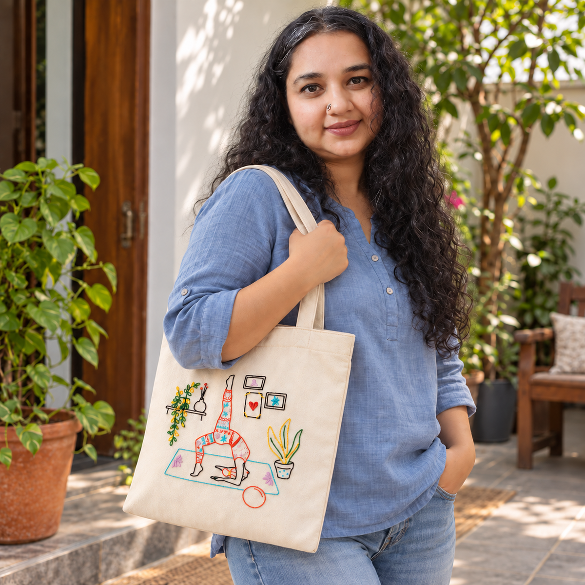 Boho Yoga Lover Hand-Embroidered Tote Bag
