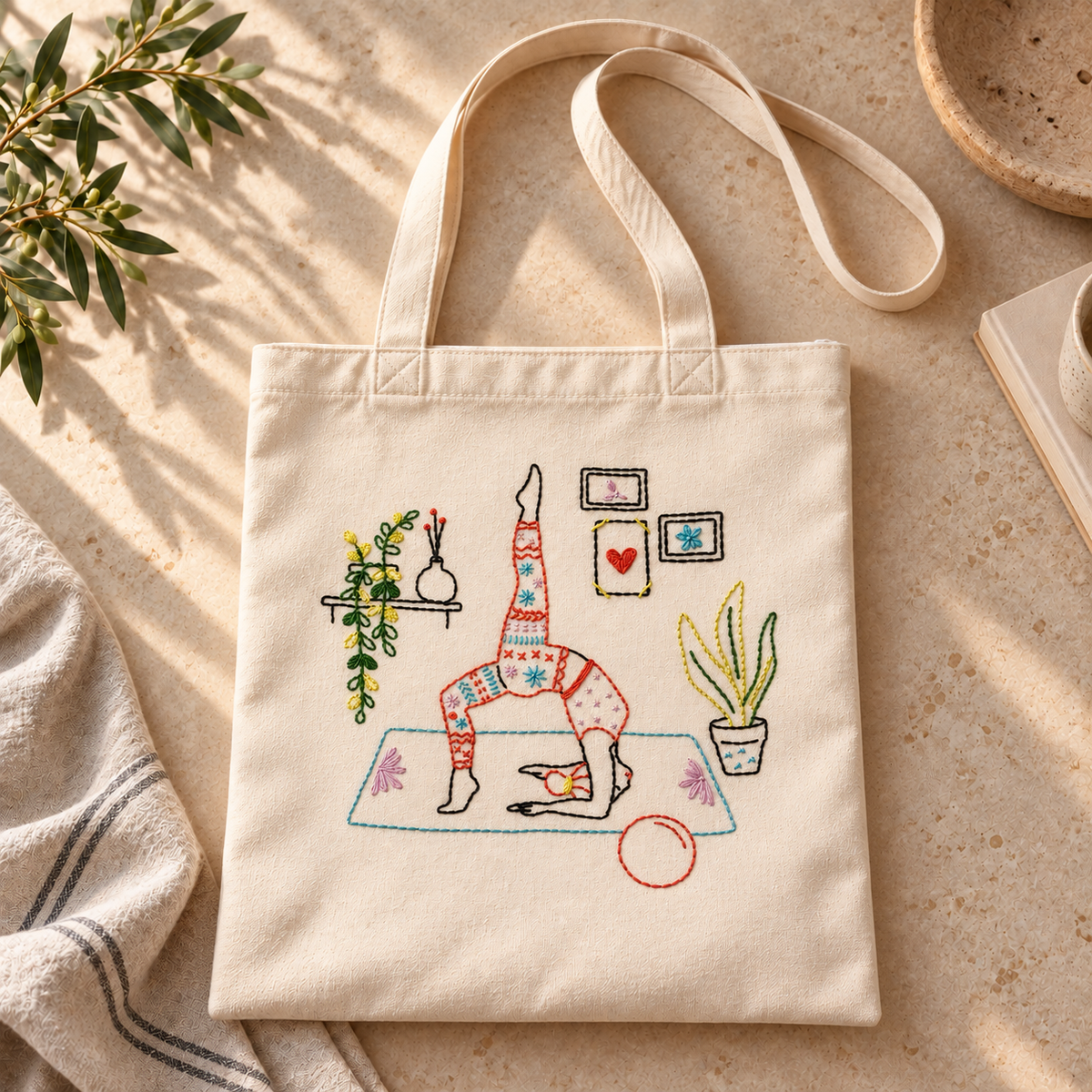 Boho Yoga Lover Hand-Embroidered Tote Bag
