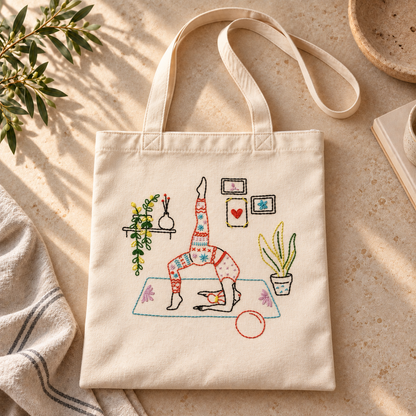 Boho Yoga Lover Hand-Embroidered Tote Bag