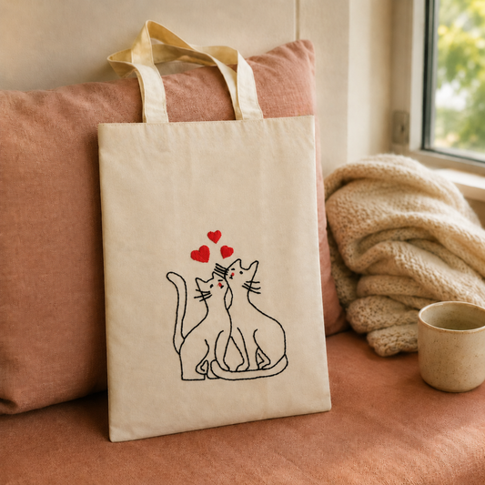 Boho Cat Love Hand-Embroidered Tote Bag
