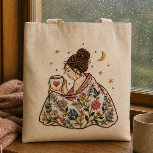 Boho Cosy Moments Hand-Embroidered Tote Bag
