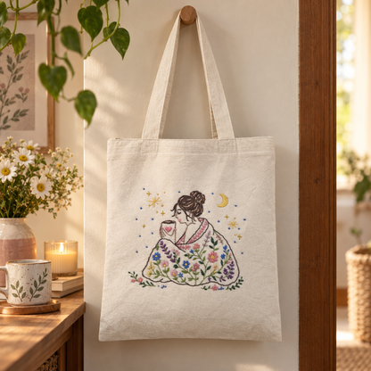 Boho Cosy Moments Hand-Embroidered Tote Bag