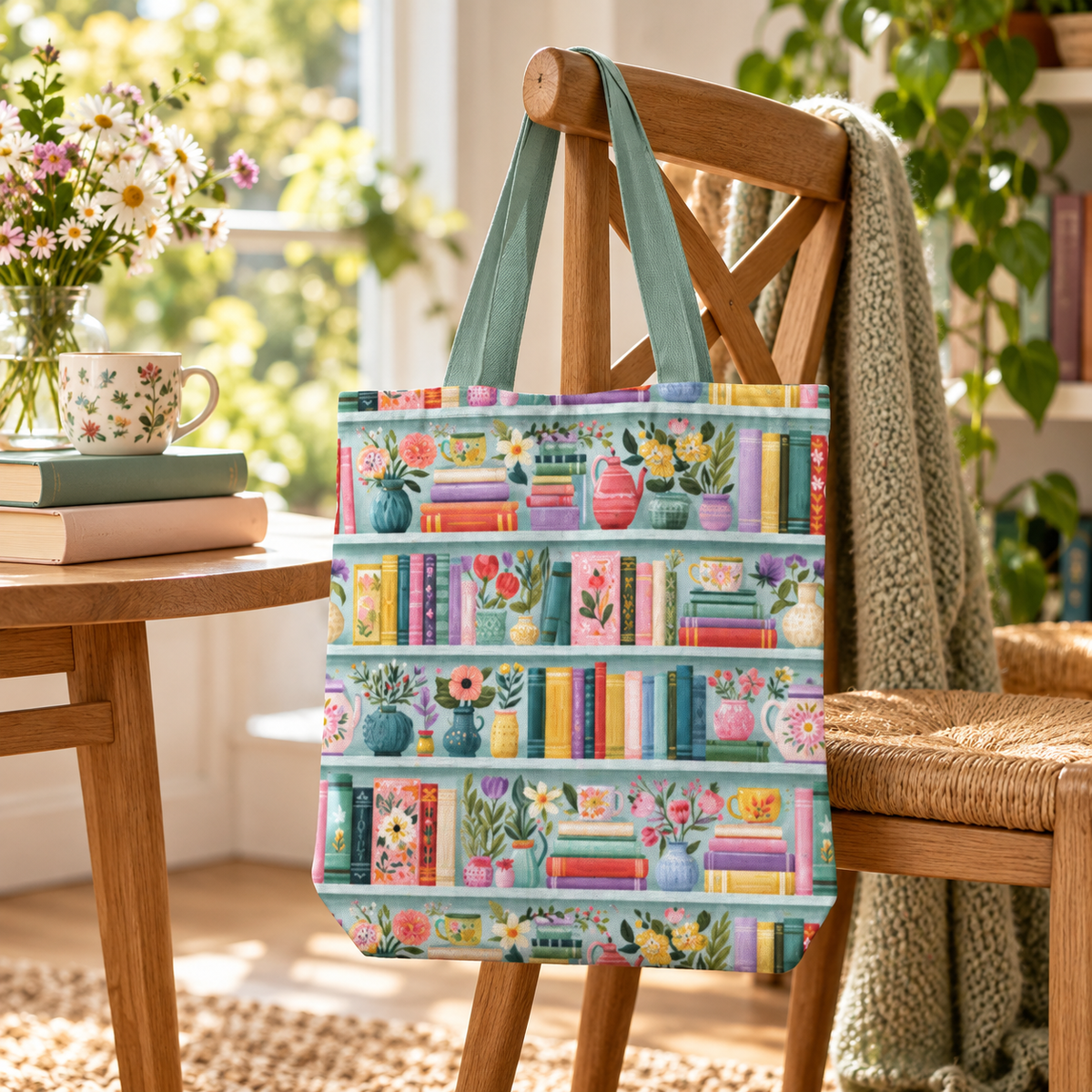 Books and Blooms Tote Bag With Zipper