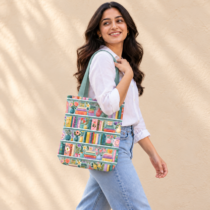 Books and Blooms Tote Bag With Zipper