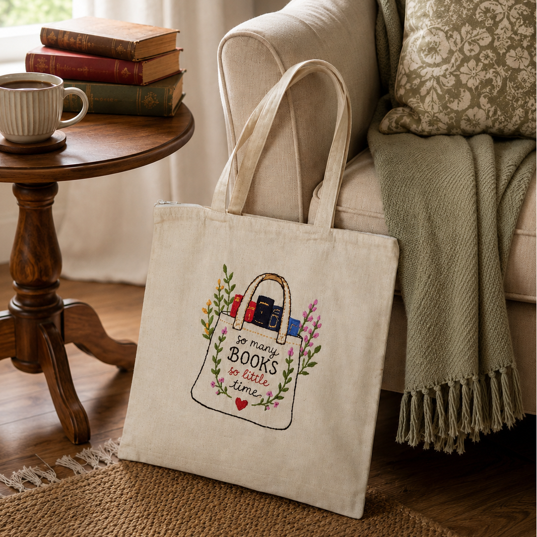 Boho Book Lover Hand-Embroidered Tote Bag
