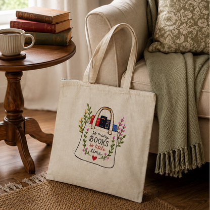 Boho Book Lover Hand-Embroidered Tote Bag