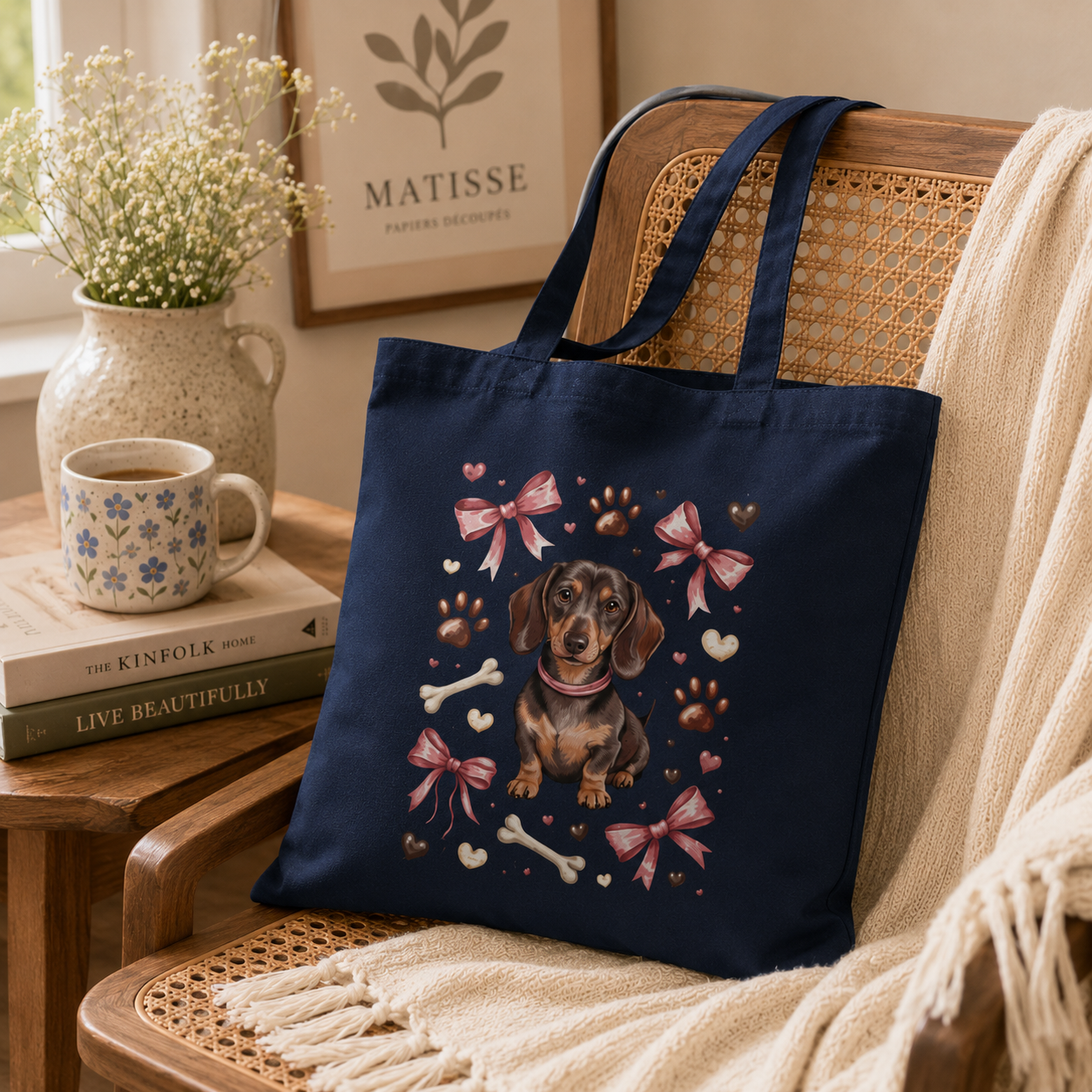 Paws & Pretty Bows Canvas Tote Bag with Zipper