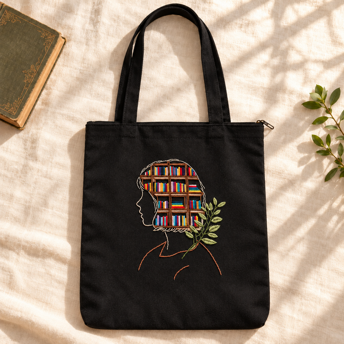Boho Books On My Mind Hand-Embroidered Tote Bag