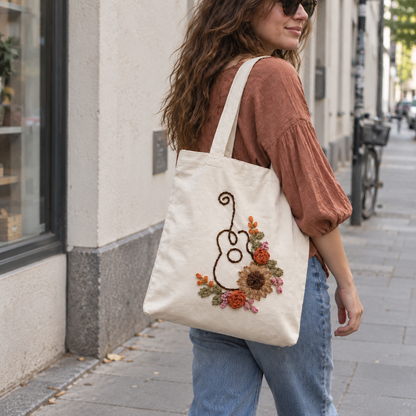 Boho Music Lover Hand-Embroidered Tote Bag