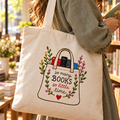Boho Book Lover Hand-Embroidered Tote Bag