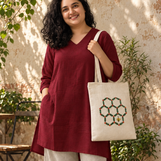 Boho Honeybee Hand-Embroidered Tote Bag